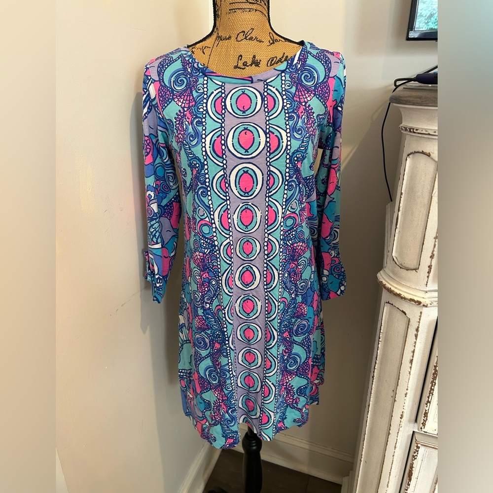 Lilly Pulitzer Dress Womens Small Blue Pink Abigail Shift Mini Seahorse Beach
